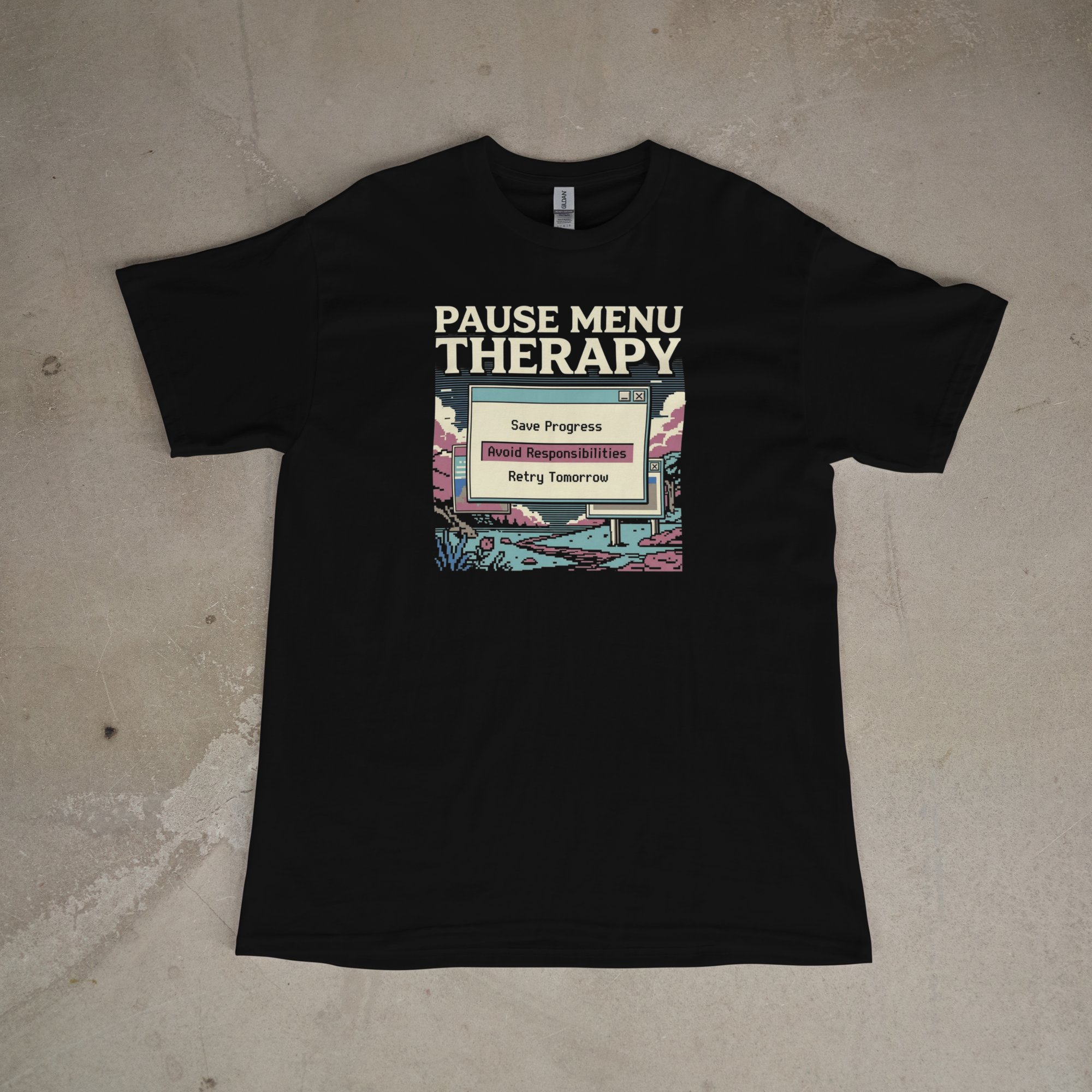 “PAUSE MENU THERAPY” retro graphic t-shirt by Rewound — retro gaming design